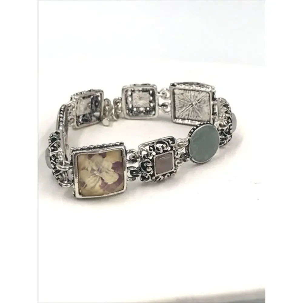 Bracelet Caged‎ Cab Faceted Chain Link floral Resin Artisan style 7.5